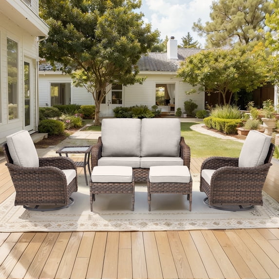 Gymojoy 6 Piece Patio Furniture Sets Wicker Loveseat Sofa with Swivel Gliders High Back Rocking Chairs Ottomans and Side Table Outdoor Conversation Set Beige Cushions