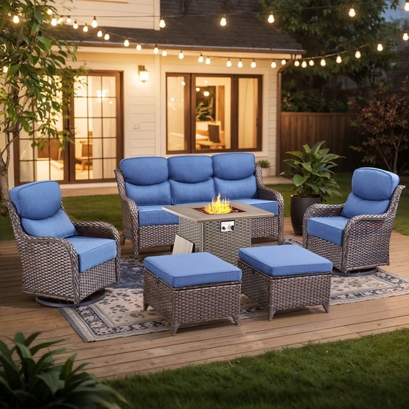 Gymojoy 6 Piece Wicker Patio Fire Pit Furniture Set with Rattan Sofa, 2 Swivel Rocker Chairs, 2 Ottomans and 30" Fire Pit Table, Outdoor Conversation Set in Brown Wicker Blue Cushions