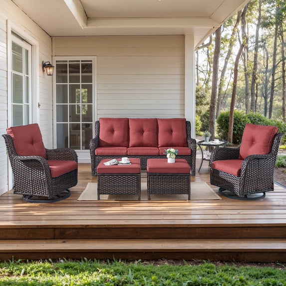 Gymojoy 6 Piece Wicker Patio Furniture Set, Swivel Rocker Chairs Set of 2 with 2 Ottomans, 3 Seater Sofa and Side Table, All Weather Outdoor Conversation Set for Porch Pool
