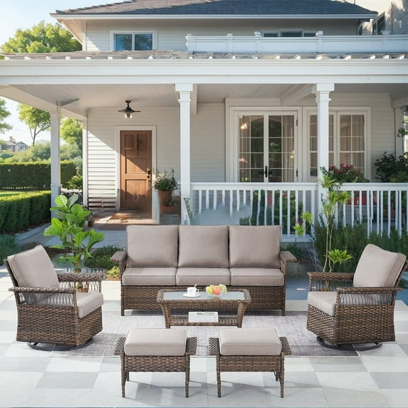 Gymojoy 6 Pieces Outdoor 7-Seat Patio Furniture Set with Swivel Chairs Wicker Rattan Outdoor Conversation Comfortable Sofa Set with Hight Back Deep Seat