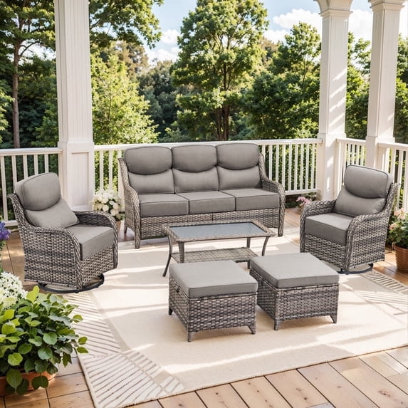 Gymojoy 6 Pieces Wicker Patio Furniture Set Conversations Sets, 2 Outdoor 360° Swivel Rocking Chairs, Patio Swivel Glider Chair with Table and Ottoman