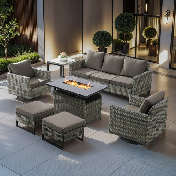 Gymojoy 7 Pcs Outdoor Patio Furniture Set, PE Wicker Swivel Chairs with Ottomans, Steel Frame Rattan Patio Set, Modern Outdoor Conversation Sets Sectional Sofa