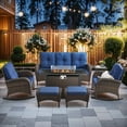 thumbnail image 1 of Gymojoy 7-Piece Brown Outdoor Patio Furniture with Fire Pit Table High-Back All-Weather Rattan Wicker Conversation Set Outdoor Sofa with Rocking Chair & Side Table, Blue, 1 of 11