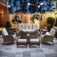 thumbnail image 1 of Gymojoy 7-Piece Brown Outdoor Patio Furniture with Fire Pit Table High-Back All-Weather Rattan Wicker Conversation Set Outdoor Sofa with Rocking Chair & Side Table, Beige, 1 of 13