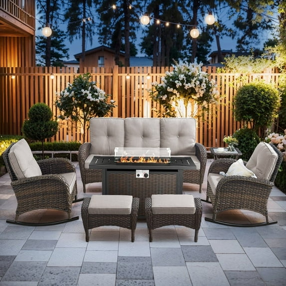 Gymojoy 7-Piece Brown Outdoor Patio Furniture with Fire Pit Table High-Back All-Weather Rattan Wicker Conversation Set Outdoor Sofa with Rocking Chair & Side Table, Beige