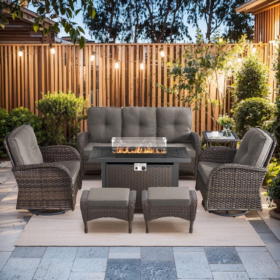 Gymojoy 7 Piece Patio Furniture Set with Fire Pit Table PE Wicker Outdoor Conversation Sofa Chairs Set for Balcony, Gray