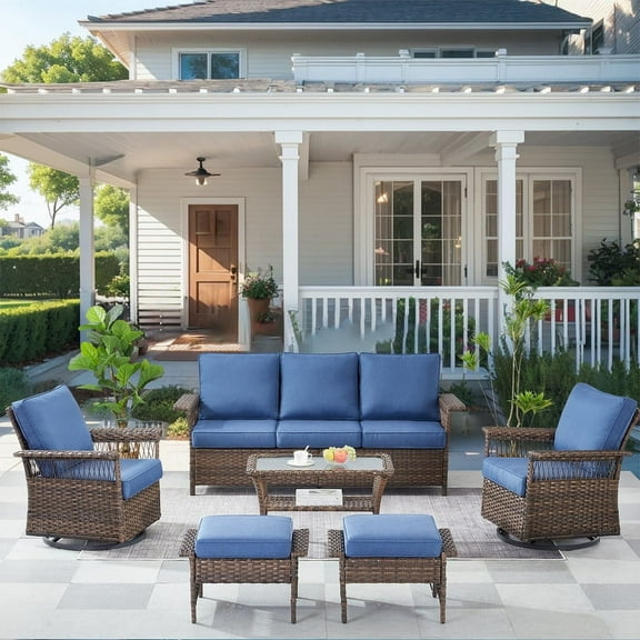 Gymojoy 7 Pieces Outdoor 7-Seat Patio Furniture Set with Swivel Chairs Wicker Rattan Outdoor Conversation Comfortable Sofa Set with Hight Back Deep Seat