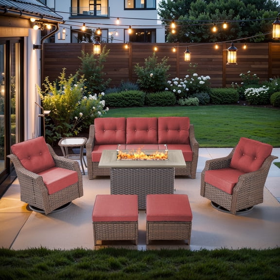 Gymojoy 7 Pieces Outdoor Patio Furniture Set with Fire Pit Table,Swivel Chairs with 6" Thick Cushion,Sofa and Ottomans,Patio Conversation Sets for Porch Deck Garden Backyard