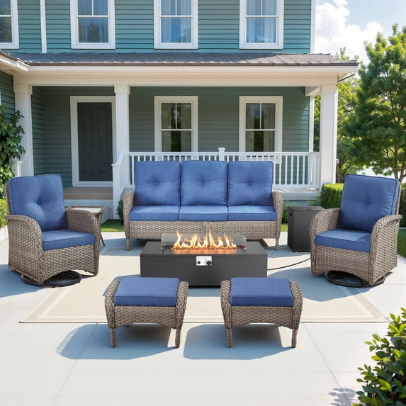 Gymojoy 7 Pieces Patio Furniture Set with 43inch Propane Fire Pit Table, Deep Seating Sofa, 2 Swivel Rocker Glider Chairs, 2 Ottomans and Side Table, Outdoor Conversation Set