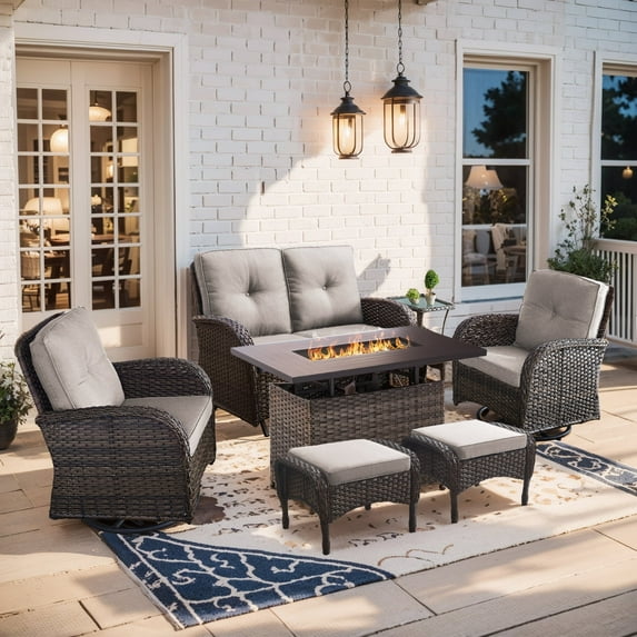 Gymojoy 7 Pieces Patio Furniture Set with Fire Pit,Outdoor Swivel Chair, 2-Seat SOfa with Table,All Weather PE Wicker Patio Conversation Sets for Deck Porch Backyard