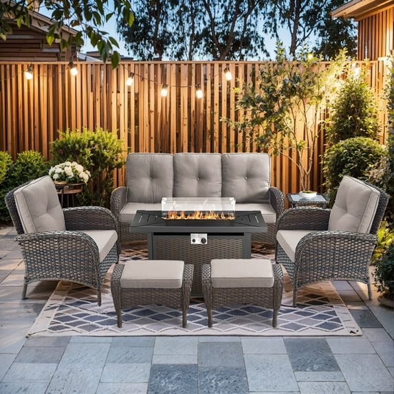 Gymojoy 7 Pieces Patio Furniture Set with Ottomans, Rattan Wicker Lounge Chairs with 43" Propane Gas Fire Pit Table Conversation Set, Beige