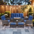 thumbnail image 1 of Gymojoy 7 Pieces Patio Furniture Set with Ottomans, Rattan Wicker Lounge Chairs with 43" Propane Gas Fire Pit Table Conversation Set, Blue, 1 of 11
