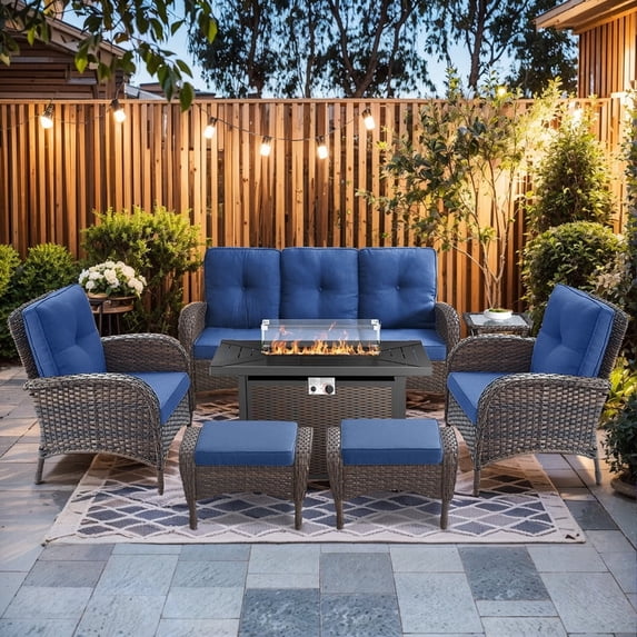 Gymojoy 7 Pieces Patio Furniture Set with Ottomans, Rattan Wicker Lounge Chairs with 43" Propane Gas Fire Pit Table Conversation Set, Blue
