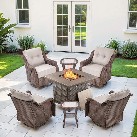 Gymojoy 7 Pieces Patio Furniture Sets with 30 inch Fire Pit Table, Wicker Outdoor Conversation Sets with 4 Swivel Rocker Chairs and Side Table(Brown)