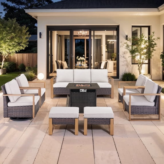 Gymojoy 8 Piece Patio Furniture Set with Propane Fire Pit Table, Wicker Outdoor Conversation Set with 2 Swivel Rocker Chairs, 2 Club Chairs, 2 Ottomans and Rattan Sofa for Deck Backyard