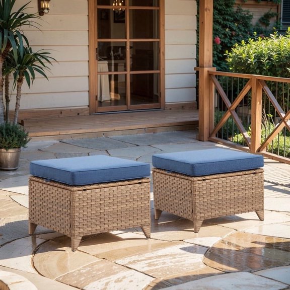 Gymojoy All Weather Outdoor PE Wicker Ottoman Set of 2, Extra Large Patio Footstool Footrest with Thick Blue Cushions