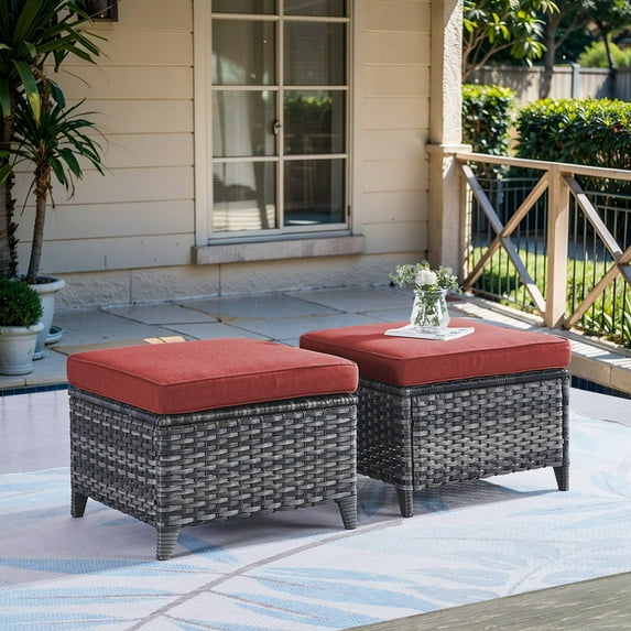 Gymojoy All Weather Outdoor PE Wicker Ottoman Set of 2, Extra Large Patio Footstool Footrest with Thick Red Cushions