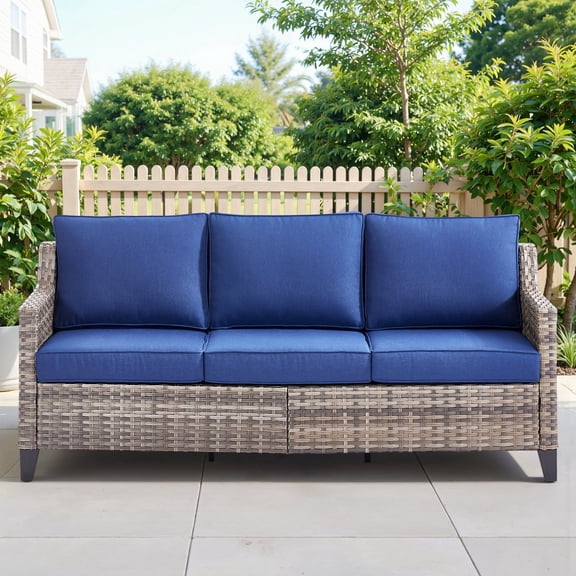 Gymojoy All-Weather Wicker Patio 3 Seats Sofa Outdoor Rattan Deep Seat Couch with Removable 4-Inch Blue Cushions