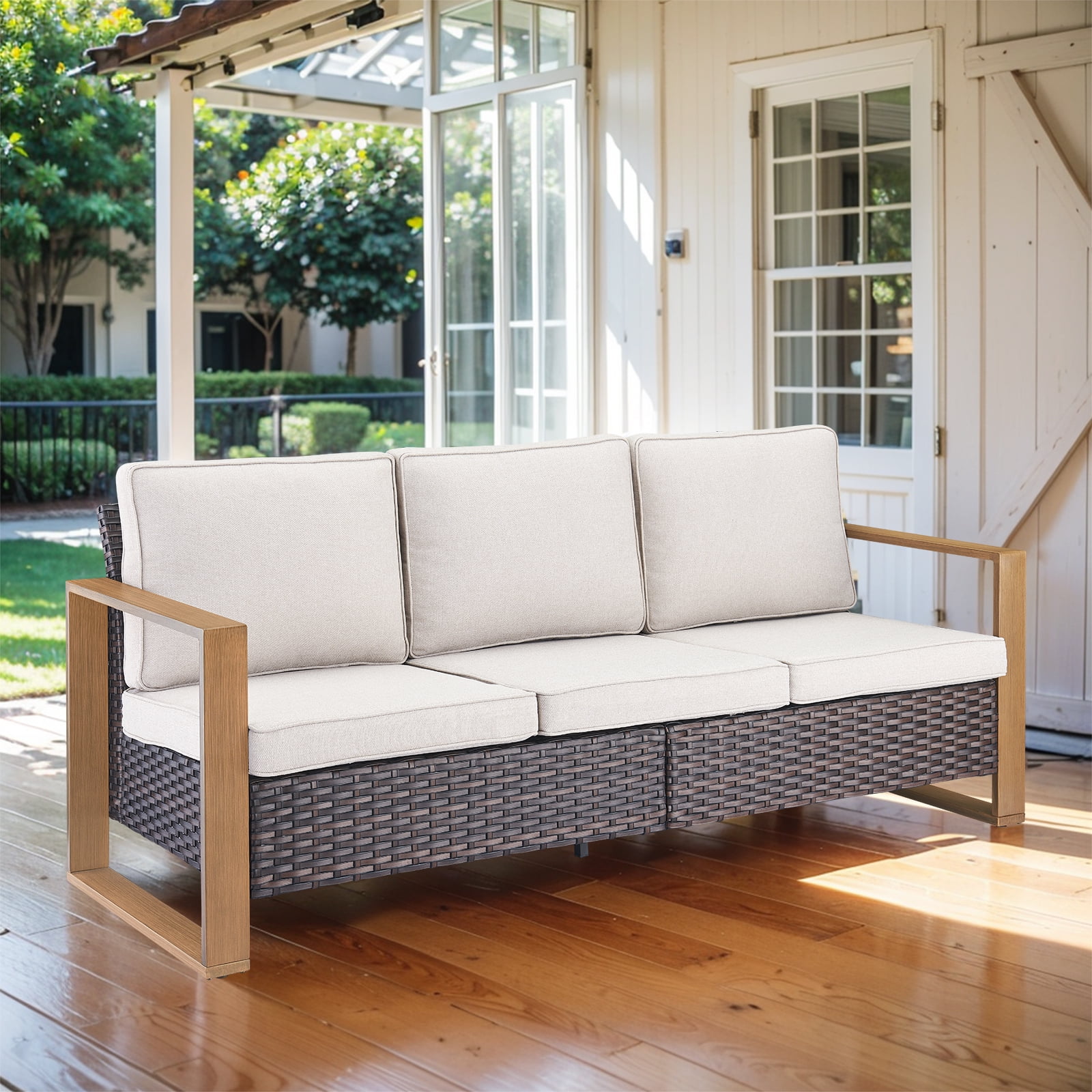 Brown Wicker and Steel Outdoor 3-Seat Sectional Sofa with Beige Cushions