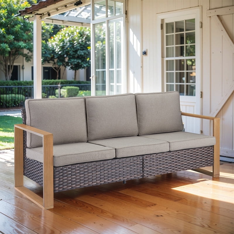 Gray and Brown Wicker Three-Seat Outdoor Sofa with Cushions