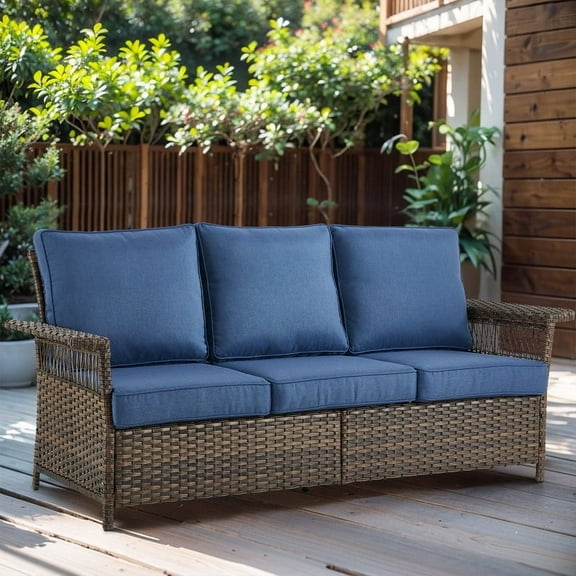 Gymojoy Brown 1-Piece Outdoor 3 Seater Patio Wicker Couch Rattan Sofa Furniture Deep Seat, Navy