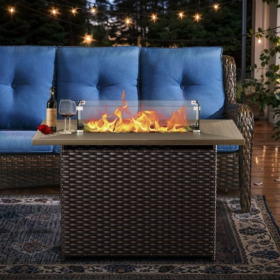 Gymojoy Brown 41 in. 50000 BTU Rectangular Wicker and Metal Propane Outdoor Dining Fire Pit Table with Glass Wind Guard Lid,Lava Rocks