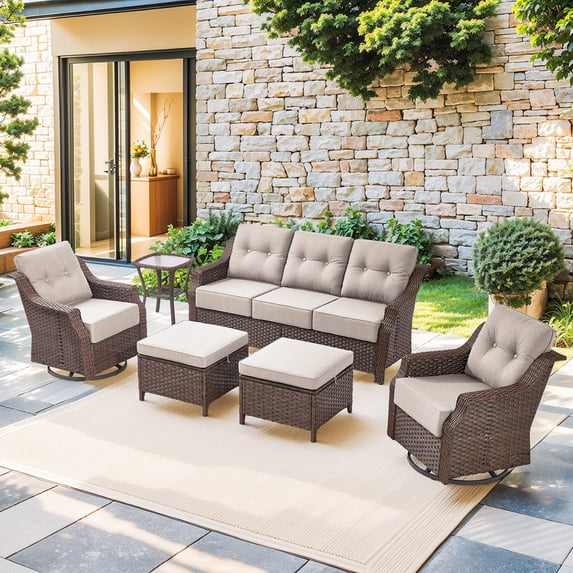 Gymojoy Brown 6 Pieces Wicker Patio Furniture Set Outdoor Conversation Set, All Weather PE Rattan Sectional Sofa Couch with Ottoman and 6 inch Cushions