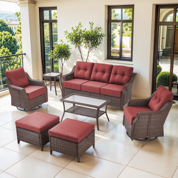 Gymojoy Brown 7 Pieces Wicker Patio Furniture Set Outdoor Conversation Set, All Weather PE Rattan Sectional Sofa Couch with Swivel Glider and 6 inch Cushions