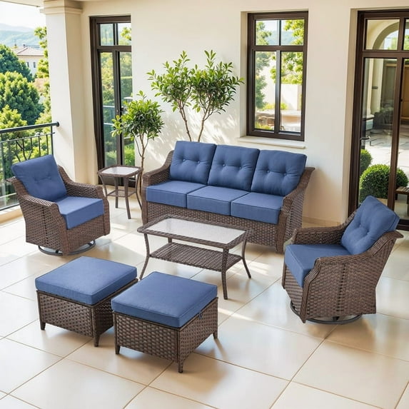 Gymojoy Brown 7 Pieces Wicker Patio Furniture Set Outdoor Conversation Set, All Weather PE Rattan Sectional Sofa Couch with Swivel Glider and 6 inch Cushions