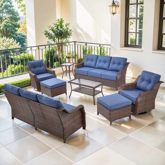 Gymojoy Brown 8 Pieces Patio Furniture Set, Modular Oversized Outdoor Sectional of Olefin 6 inch Thick Cushion, Coffee Table and Ottomans, Patio Conversation Sets for Porch, Deck