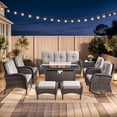thumbnail image 1 of Gymojoy Brown Outdoor Patio Furniture Set with 43" Fire Pit Table, 9 Pieces Sectional Conversation Sets, All-Weather Wicker Rattan Sofa Ottoman with Beige Cushion for Garden Backyard Deck, Dark Grey, 1 of 11