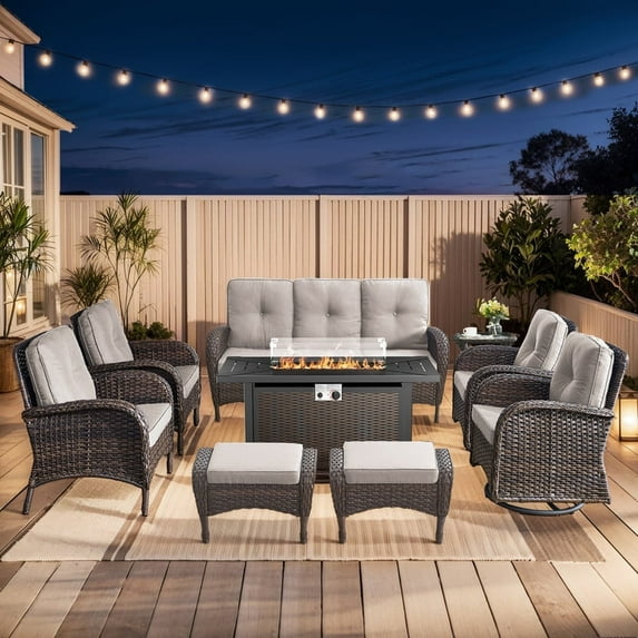Gymojoy Brown Outdoor Patio Furniture Set with 43" Fire Pit Table, 9 Pieces Sectional Conversation Sets, All-Weather Wicker Rattan Sofa Ottoman with Beige Cushion for Garden Backyard Deck, Dark Grey