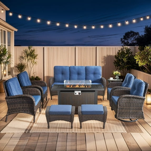 Gymojoy Brown Outdoor Patio Furniture Set with 43" Fire Pit Table, 9 Pieces Sectional Conversation Sets, All-Weather Wicker Rattan Sofa Ottoman with Blue Cushion for Garden Backyard Deck, Dark Grey