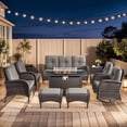 thumbnail image 1 of Gymojoy Brown Outdoor Patio Furniture Set with 43" Fire Pit Table, 9 Pieces Sectional Conversation Sets, All-Weather Wicker Rattan Sofa Ottoman with Gray Cushion for Garden Backyard Deck, Dark Grey, 1 of 14