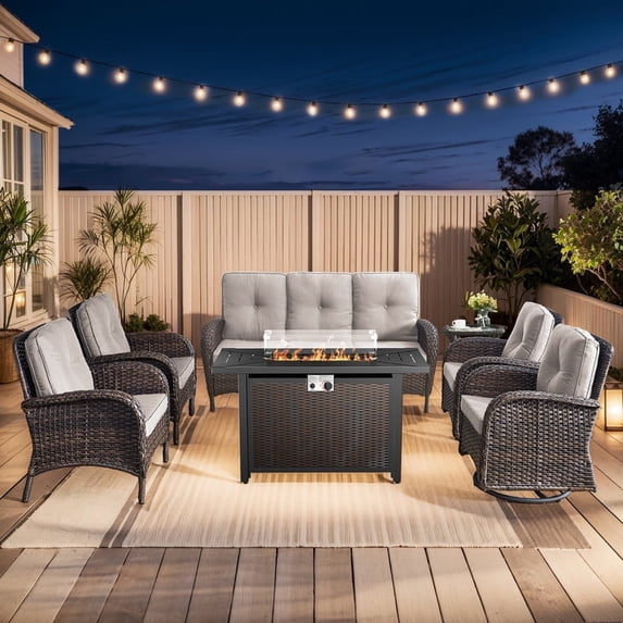 Gymojoy Brown PE Wicker 7 Piece Patio Furniture Set with Fire Pit Table, All Weather Outdoor Swivel Chair PE Rattan, Patio Conversation Sets with Cushions and Glass Coffee Table, Beige