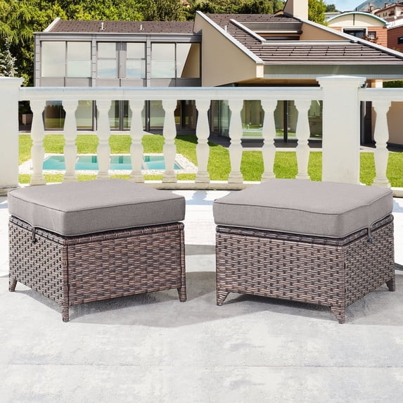 Gymojoy Brown Wicker 2-Piece Outdoor Ottoman Steel Frame Patio Footstools with Gray Cushion