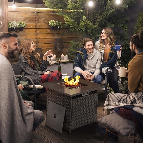 Gymojoy Gray 50000 BTU Wicker and Metal Propane Outdoor Dining Fire Pit Table with Lava Rocks