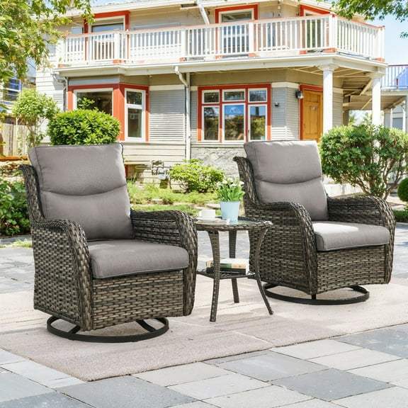 Gymojoy High Back Outdoor Conversation Swivel Rocker Chairs Set, with 5-Inch Thick Cushions and Side Table, Ideal for Porch, Poolside, Deck, and Yard in Beige