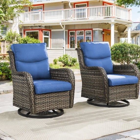 Gymojoy High Back Outdoor Swivel Rocker Patio Chairs Set of 2, All Weather Swivel Patio Glider Chairs with Thick Cushions for Porch, Poolside, Deck,Gray/Blue