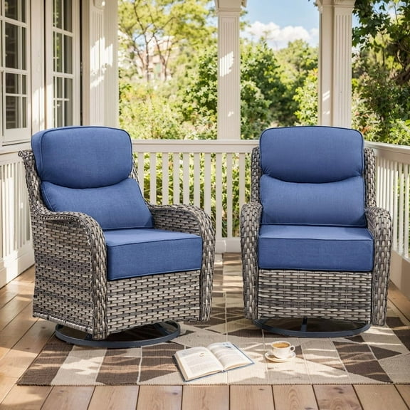 Gymojoy High Back Patio Swivel Rocking Patio Chairs, 2 PCS Wicker Outdoor Glider Chair with 6-inch Thick Cushion for Yard in Blue
