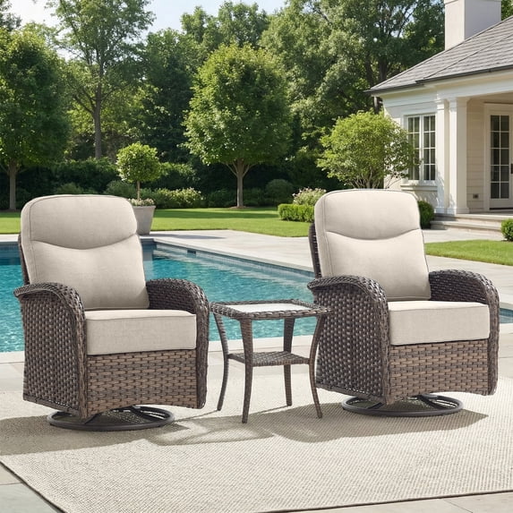 Gymojoy Luxury 3 Pieces Patio Furniture Set Wicker Outdoor High Back Swivel Rocker Glider Chairs Set of 2 with Side Table and 6 Inch Cushions