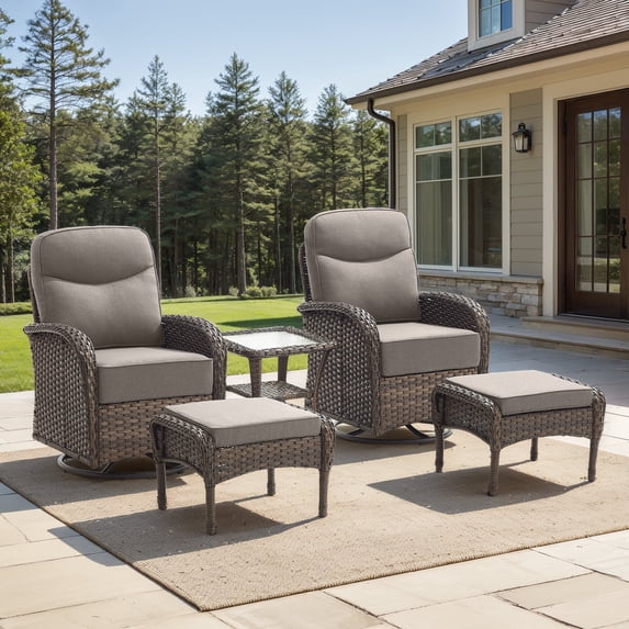 Gymojoy Luxury 5 Pieces Patio Furniture Set Wicker Outdoor High Back Swivel Rocker Glider Chairs Set of 2 with 2 Ottomans, Side Table and 6 Inch Cushions