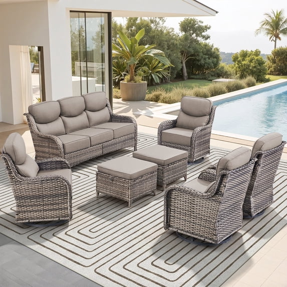 Gymojoy Luxury 7-Piece Patio Furniture Set with 6-inch Extra Thick Cushions, Rattan Sofa, 4 Swivel Rocking Chairs and 2 Ottomans, Outdoor Conversation Set in Grey Wicker Grey Cushions