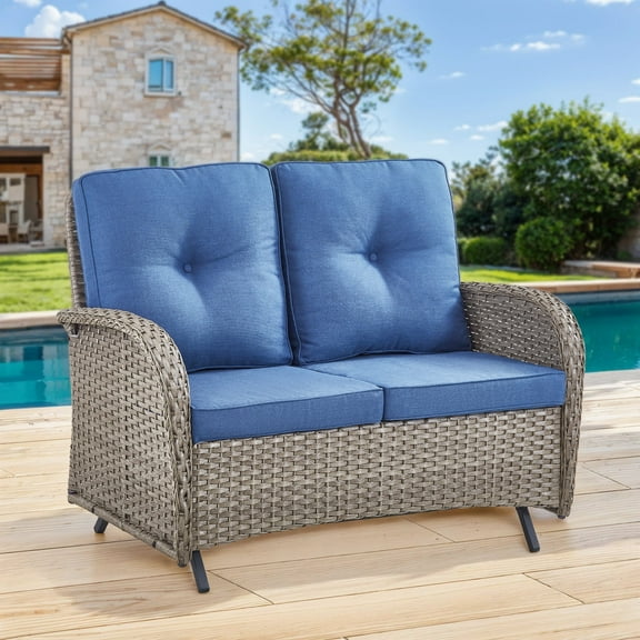 Gymojoy Outdoor 2-Person Wicker Rocking Bench,Patio Glider Porch Loveseat 2 Seater Couch Sofa with Cushions for Backyard,Porch,Balcony