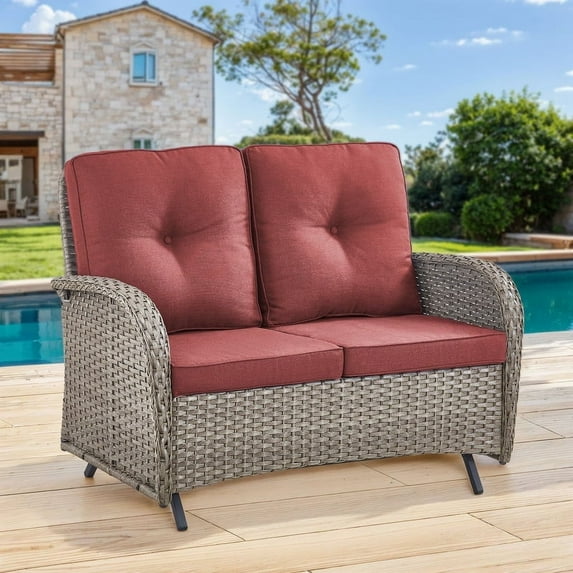 Gymojoy Outdoor 2-Person Wicker Rocking Bench,Patio Glider Porch Loveseat 2 Seater Couch Sofa with Cushions for Backyard,Porch,Balcony