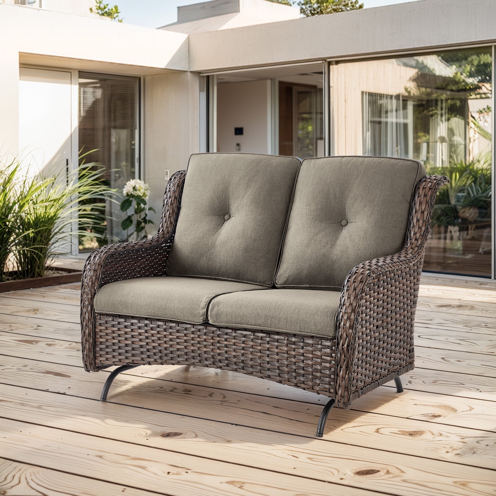 Balcony Rocking Bench Gymojoy Outdoor 2-Person Wicker Rocking Bench,Patio Glider Porch ...