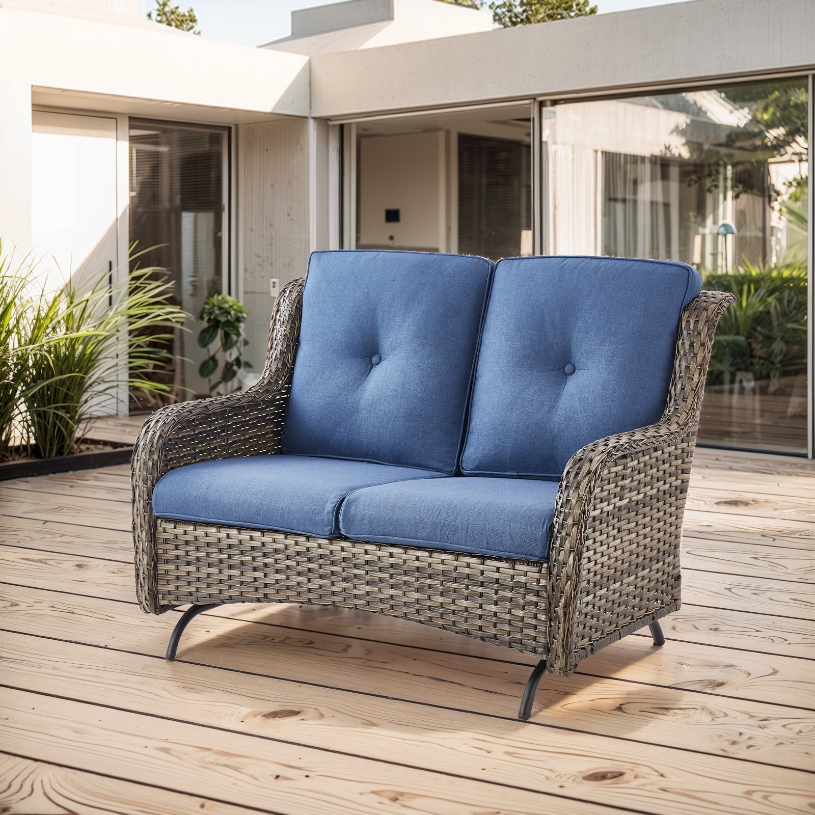 Balcony Rocking Bench Gymojoy Outdoor 2-Person Wicker Rocking Bench,Patio Glider Porch ...