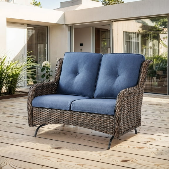 Gymojoy Outdoor 2-Person Wicker Rocking Bench,Patio Glider Porch Loveseat with Thick Cushions for Backyard,Porch,Balcony