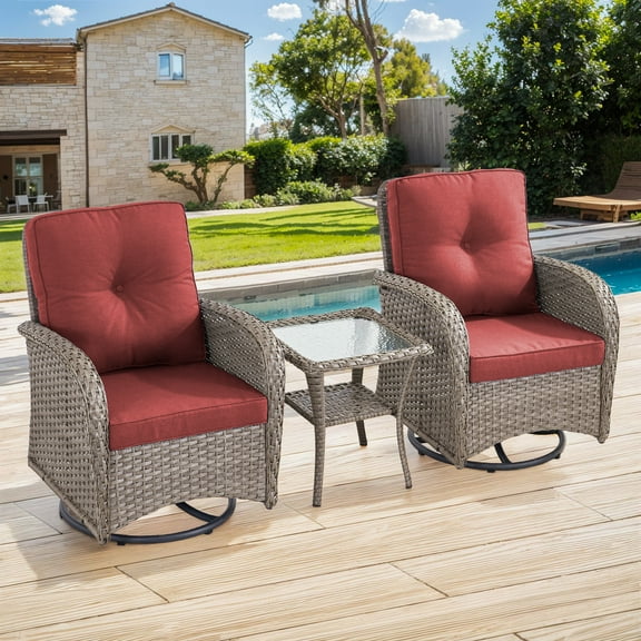 Gymojoy Outdoor 3-Piece Conversation Set, Patio Wicker Swivel Glider Rocker Chair Set for Porch Balcony Backyard, Red Cushions
