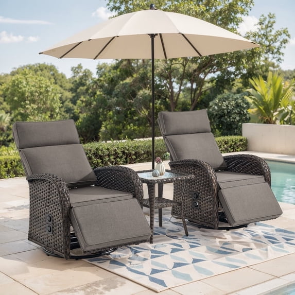Gymojoy Outdoor 3-Piece Swivel Rattan Recliner Chairs Set, 360° Patio Wicker Chaise Lounge Chair with Adjustable Backrest & Footrest, Side Table & Cushions for Outside Porch, Poolside & Backyard,Gray